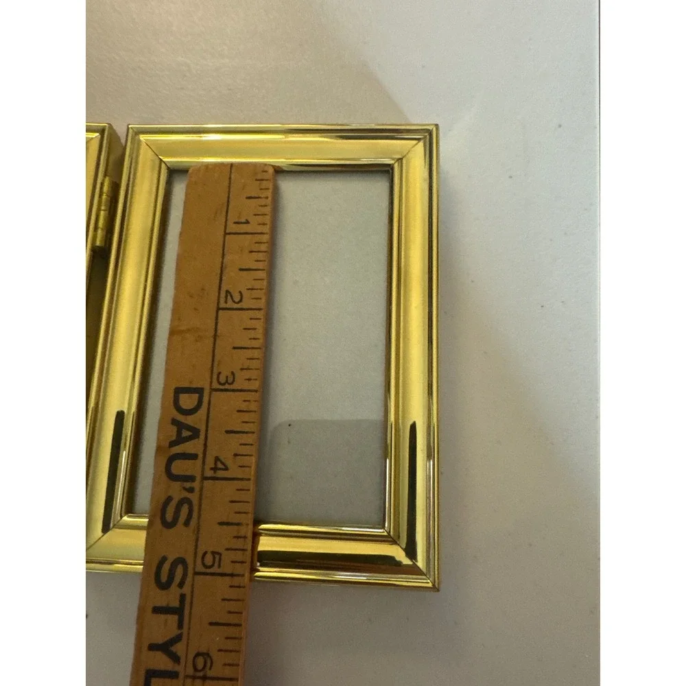 Vintage Gold Tone Hinged Double Picture Frame 3.5x5 Beveled Metal Tabletop Korea